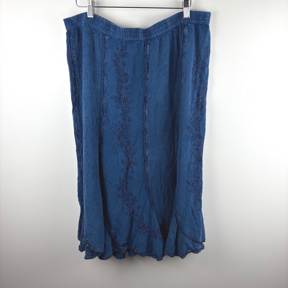 Just Class Blue Embroider Midi Skirt XL‎ Elastic Waist Boho Peasant Crochet Trim